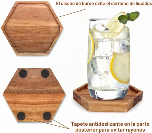 Vista 3 de Juego de 6 posavasos únicos de madera de acacia con soporte