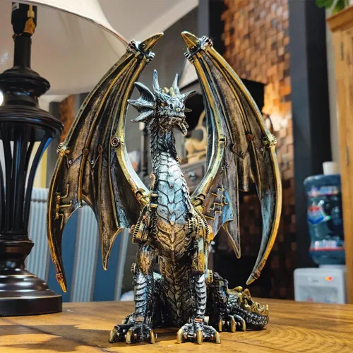 Vista 3 de Estatua de dragón steampunk gótica retro equipo mecánico sentado dragón de aspecto metálico, escultura de resina para el hogar, decoración de cuevas