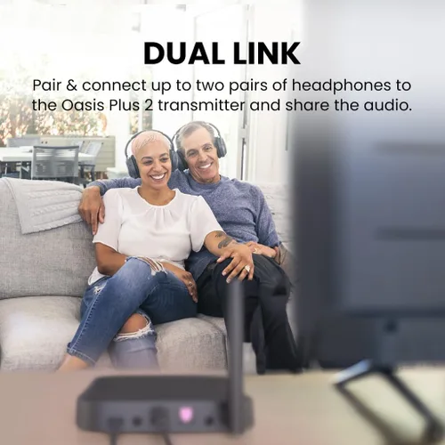 Vista 2 de Avantree Oasis Plus 2 - Transmisor Bluetooth para TV con control remoto de volumen, admite dos auriculares, aptX adaptable, barra de sonido