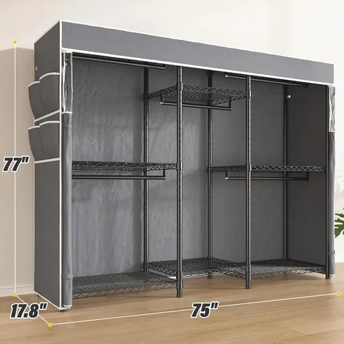 Vista 7 de Raybee Perchero de ropa con cubierta, perchereros para colgar ropa resistente, armario portátil con estantes, ajustable, carga de 905 LBS, negro