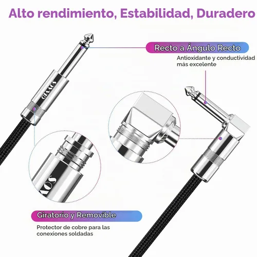 Vista 4 de Cable de Guitarra de 6 Pies Cable de Instrumento para Guitarra Eléctrica y Bajo, Teclado - Cable AMP de Ángulo Recto de 1/4 Pulgada, Negro