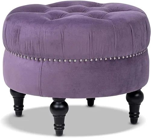 Vista 4 de Jennifer Taylor Home Dawn - Detalles de cabeza de clavo otomana redonda copetuda, terciopelo morado