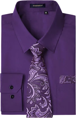 Vista 85 de HISDERN Mens Dress Shirt with Tie Pocket Square Set Classic Button Down Shirt Matching Tie Long Sleeve Shirts 08-verde