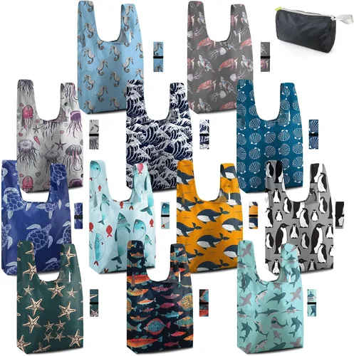 Vista 16 de BeeGreen Bolsas de comestibles reutilizables plegables, paquete de 12 bolsas grandes y bonitas, bolsa de regalo de tela lavable resistente con asas