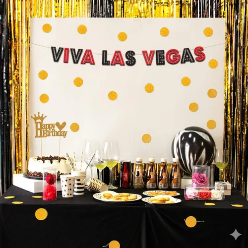 Vista 6 de Viva Las Vegas - Cartel con purpurina roja y negra preencordada, decoraciones de despedida de soltera para ella, suministros de fiesta, recuerdos