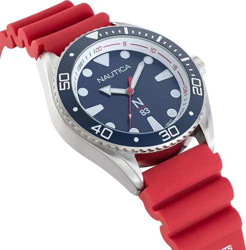 Vista 3 de Nautica N83 NAPFWF116 N83 Finn World Reloj con correa de silicona en tono plateadoazulrojo para hombre, Rojo -, Moderno