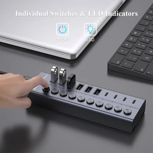 Vista 6 de FIDECO Hub USB alimentado de 60 W para laptop y PC, divisor USB de 10 puertos de 10 Gbps con adaptador de corriente de 12 V 5 A, adaptador