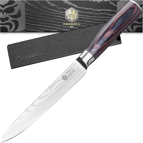 Vista 16 de KESSAKU Cuchillo multiusos dentado de 5.5 pulgadas - Serie Samurai - Cuchillo de cocina afilado - Acero inoxidable de alto carbono forjado 7Cr17MoV