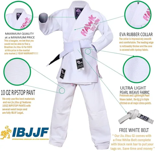 Vista 4 de Jiu Jitsu brasileño, para niños, Jiu Jitsu Gi Children BJJ Gi Grappling Kimonos, cinturón blanco ligero, Blanco