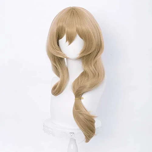 Vista 5 de LABEAUTÉ Peluca Lisa de color marrón anime, peluca rizada y ondulada con flequillo para fiesta de Halloween + gorra gratis