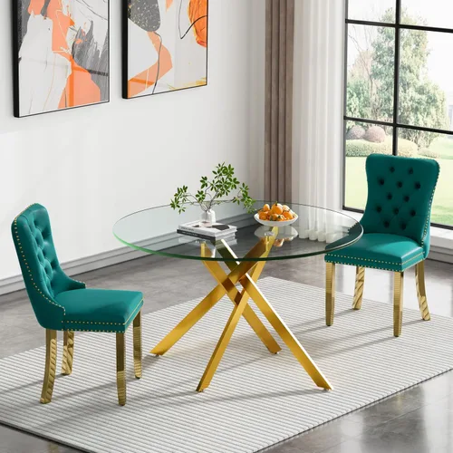 Vista 21 de Juego de mesa de comedor de cristal plateado moderno de 47 pulgadas para 2, juego de mesa de comedor de cocina redonda de 3 piezas con patas