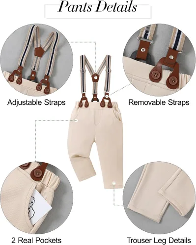 Vista 3 de YALLET Baby Boy Clothes Suit Newborn Infant Gentleman Outfits, Formal Dress Shirt+ Bowtie+ Suspender Pants Wedding Party Set