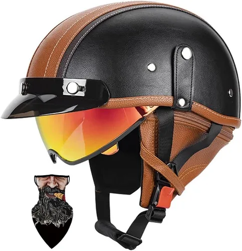 Vista 19 de Cascos Moto Retro Jet Vintage Medio, DOT Homologado Visera Retráctil PC y Hebilla Rápida, Desmontable para Hombre Mujer Adultos, Scooter Crucero