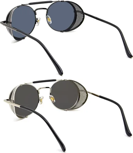 Vista 3 de RONSOU - Lentes de sol polarizados estilo steampunk redondas y vintage, con protección UV400, con marco