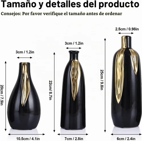 Vista 3 de Juego de 3 jarrones negros y dorados, jarrones decorativos modernos de cerámica para sala de estar, recámara, decoración artística, chimenea Negro
