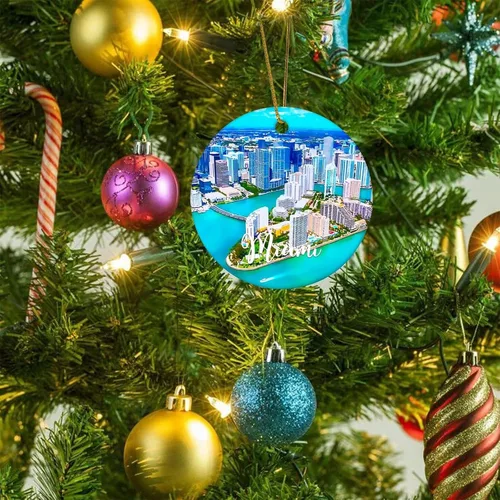 Vista 5 de America Miami Cityscape - Adorno de Navidad de cerámica con dos caras impreso, 3 pulgadas, divertido círculo de cerámica de Navidad para Año Nuevo