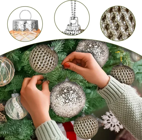 Vista 4 de Mupera Paquete de 9 adornos de Navidad con purpurina, bolas inastillables de lentejuelas doradas champán, decoración colgante de alta calidad
