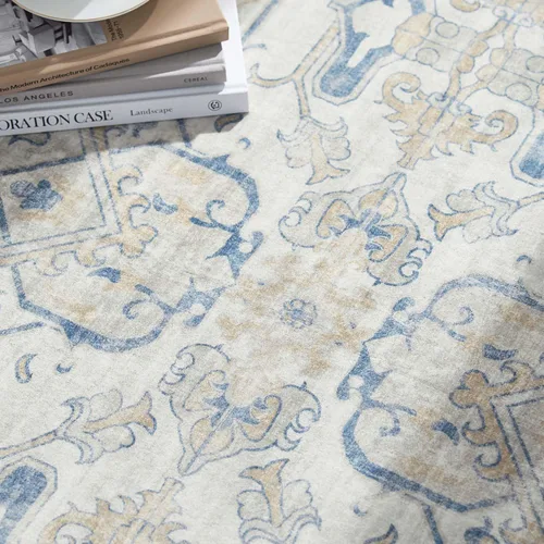Vista 45 de jinchan Lima - Alfombra simétrica floral geométrica lavable, alfombra de entrada de medio círculo de 2 x 3, alfombra de media luna, suave y Azul