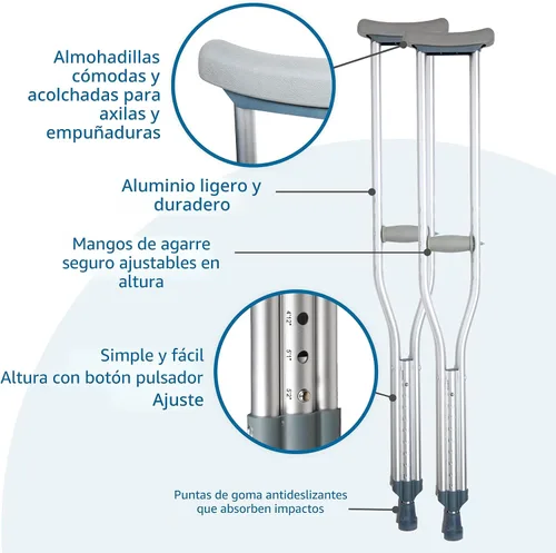 Vista 4 de BodyMed Muletas de aluminio para adultos y niños - Par de muletas ligeras y ajustables en altura - Incluye cojines acolchados para las axilas