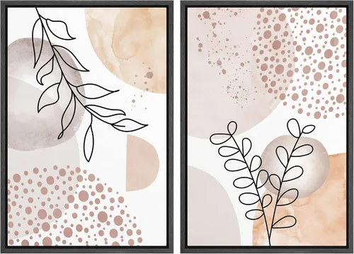 Vista 21 de SIGNFORD Lienzo enmarcado para pared, juego de arte geométrico retro de mediados de siglo, plantas forestales, ilustraciones con formas abstractas