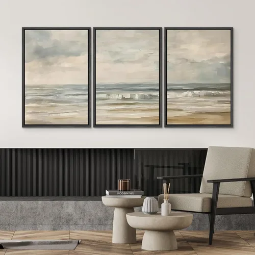 Vista 2 de SIGNWIN Lienzo enmarcado para pared, juego de arte abstracto de serenidad costera, ilustraciones abstractas junto al mar, arte moderno, decorativo