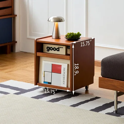 Vista 2 de Solid Wood Mobile Side Table with Wheels,Rolling Side Table with Storage,Unique Floating Design Storage Organizer for Bedroom, Living Room, Small