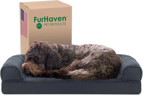Vista 26 de Furhaven Sofá cama ortopédico para perro, sofá de espuma viscoelástica con refuerzos, felpa texturizada y funda resistente al agua, funda lavable