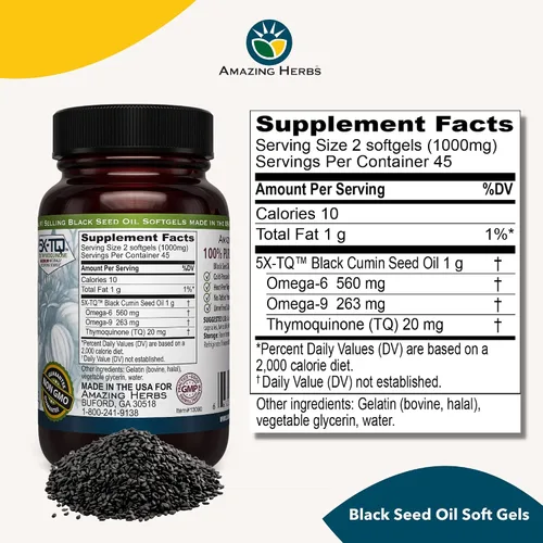 Vista 2 de Amazing Herbs - Aceite de comino negro o semilla negra (Nigella Sativa) prensado en frío en cápsulas, favorece el sistema digestivo, inmunitario