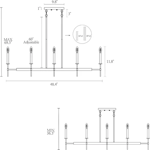 Vista 3 de KSANA Lámpara de araña negra y dorada, lámpara de araña moderna lineal para comedor, lámpara grande de 48.5” de 8 luces para isla de cocina