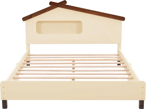 Vista 4 de Quarte Cama de plataforma de madera de tamaño matrimonial para niños con cabecera en forma de casa y luces nocturnas activadas por movimiento,