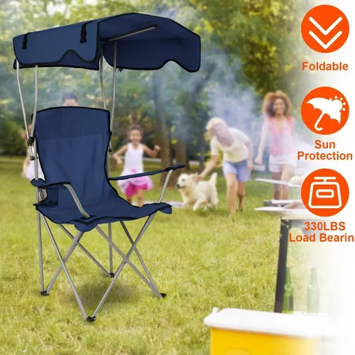 Vista 4 de KOCASO Silla de playa plegable con toldo con sombrilla, resistente 330 libras, silla de césped portátil para acampar con soporte para tazas