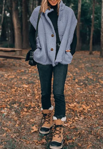 Vista 24 de Hongqizo - Chaleco de forro polar mullido para mujer, casual, de gran tamaño, cálido, con botones, chaqueta de sherpa con bolsillos