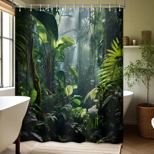 Vista 10 de Cortina de ducha verde de selva naturaleza bosque selva tropical paisaje planta tropical decoración de baño, tela impermeable con ganchos, 36x72