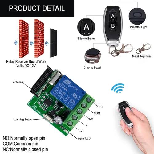Vista 5 de Interruptor de relé inalámbrico, interruptor de control remoto de 12 V con 1 transmisor, 433 Mhz universal inalámbrico EV1527 código de aprendizaje