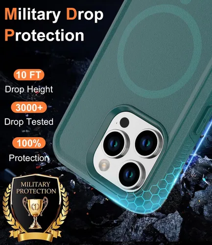 Vista 4 de Funda magnética para iPhone 15 Pro Max, compatible con MagSafe, grado militar de 10 pies, anticaídas, con protector de pantalla de vidrio templado