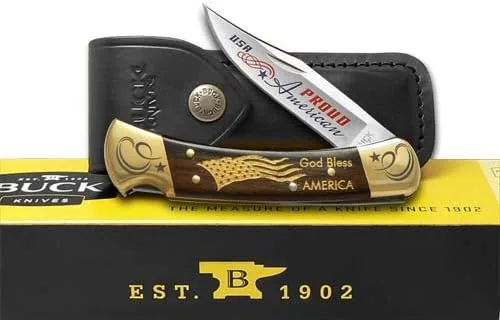 Vista 2 de Buck 110 Proud American Macassar Wood Plegable Hunter 1/250 Cuchillo de bolsillo personalizado inoxidable
