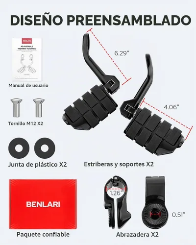 Vista 6 de Benlari Estriberas de Carretera de 1 pulgada 1-1/4 pulgadas Estriberas de Acero Inoxidable 304 Largas Anguladas Ajustables Compatibles con Harley