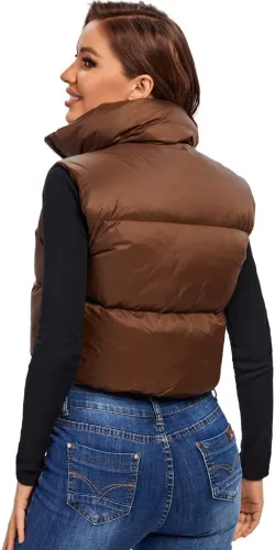Vista 3 de Cegerne Chaleco corto de invierno para mujer, ligero, sin mangas, cálido, con cuello alto, con cremallera, chaleco acolchado