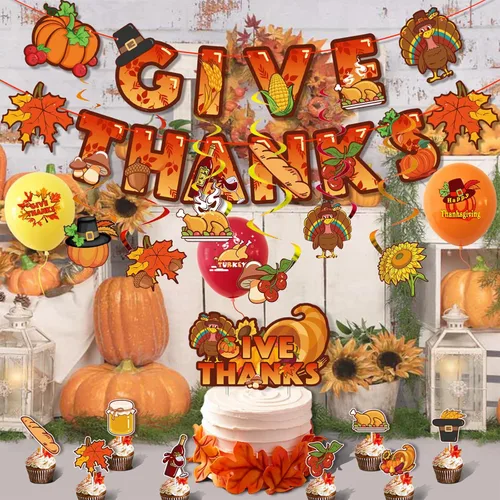 Vista 6 de El juego de decoraciones de fiesta de Acción de Gracias incluye pancarta de agradecimiento, globos de calabaza y pavo de hoja de arce, remolinos
