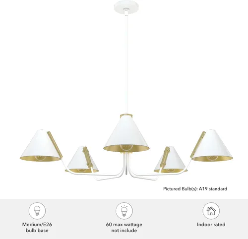 Vista 8 de Hunter - Lámpara de araña Grove Isle de 5 luces, color blanco mate, estilo moderno, regulable, extra grande para dormitorios, cocinas, comedor, Mate
