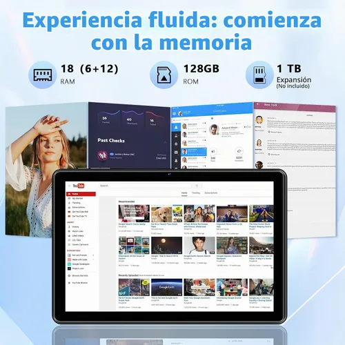 Vista 2 de Tablet de 10 Pulgadas, Tabletas Android 15 con 18 GB RAM+128 GB ROM (Expandible a 1 TB), Pantalla IPS HD de 1280 * 800 Octa Core, Batería de 6000