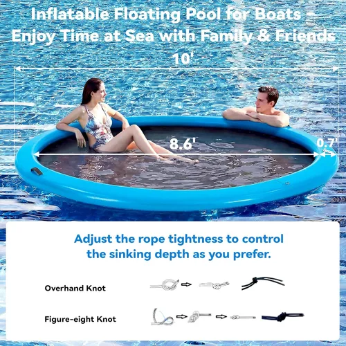 Vista 2 de Muelle flotante inflable redondo de 6 a 12 pies, anillo de flotador Sunchill, hamaca de agua para broncear flotadores de piscina con tela tejida