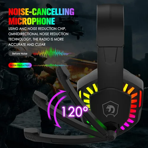 Vista 6 de Teclado de juego 5 en 1 con cable para auriculares y altavoz Combo con retroiluminación multi RGB ergonómico de 104 teclas de micrófono ajustable