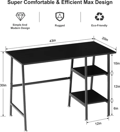 Vista 2 de VECELO Escritorio para computadora de 43 pulgadas, mesa de estudio, oficina, escritorio moderno con estantes, escritorio de madera para el Negro