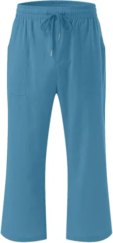 Vista 4 de Ceboyel Pantalones capri para mujer para verano, cintura elástica, pantalones de yoga, con cordón, pantalones de lino, pantalones de entrenamiento