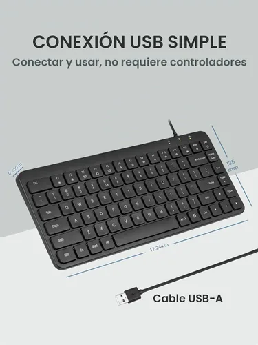 Vista 3 de Perixx PERIBOARD-414U - Mini teclado USB con cable, compacto, 12.24 x 5.32 x 0.71 pulgadas, Plug and Play, negro, diseño en inglés de EE. UU