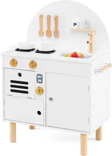 Vista 10 de Costzon Juego de cocina para niños, cocina con estufas, grifo, fregadero, microondas, gabinete, horno y accesorios de cocina, cocina de madera