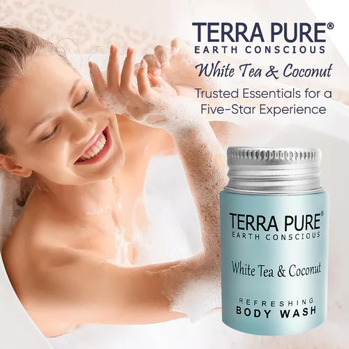 Vista 6 de Terra Pure White Tea & Coconut Body Wash, comodidades de hotel tamaño viaje, 1 onza (caja de 300)