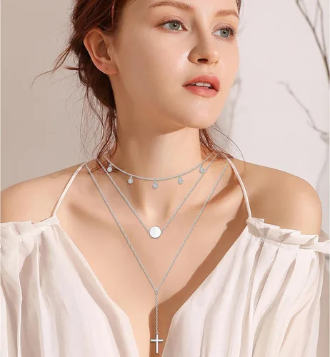 Vista 5 de DAOCHONG Collar en capas de plata de ley 925, collar multicapa triple de 3 capas, collar de cadena larga para mujer