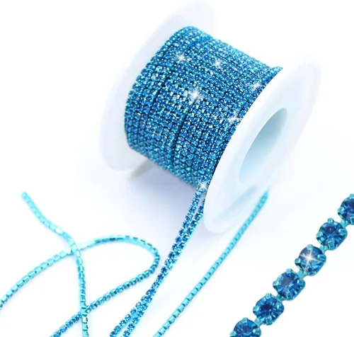 Vista 10 de PEARLY JUN 10 yardas de cadena de diamantes de imitación azul con adorno de diamantes de imitación aguamarina, adorno de cristal de piedra